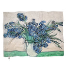 The Irises scarf folded flat, showing the painting of irises in a vase