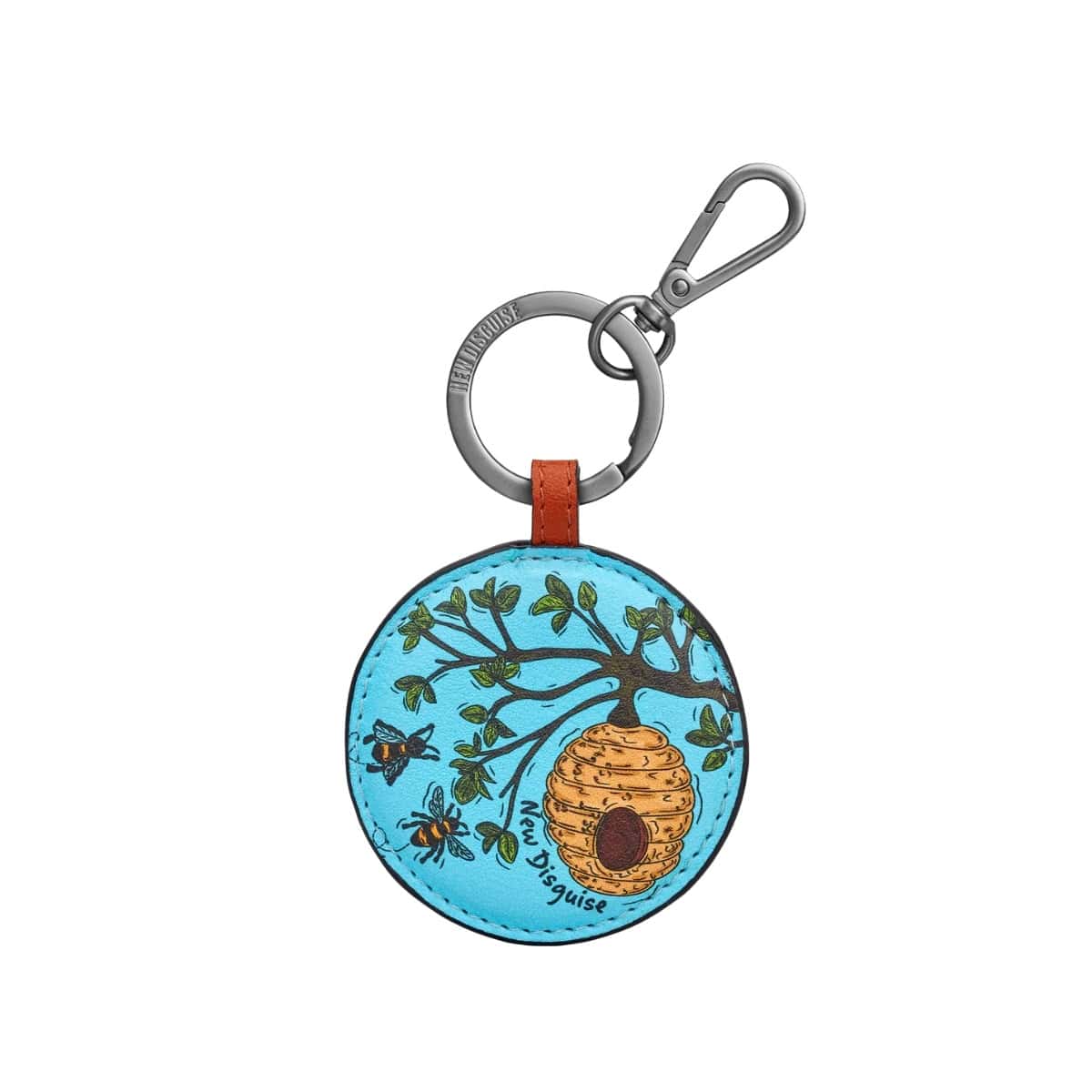 Round Bees keyring: a beehive hanging from a leafy branch with two bees beside it, on sky blue, on a gunmetal ring and clip.