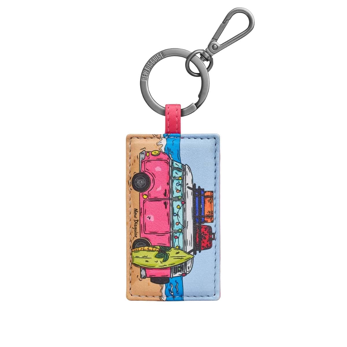 Camper keyring: a pink camper van with a green surfboard against sand and pale blue, on a gunmetal ring and clip.