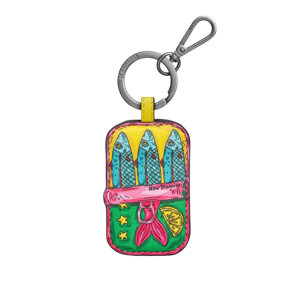 Sardines keyring shaped like a sardine tin: three blue fish above a pink band, with a mermaid tail and a lemon slice on green, on a gunmetal ring and clip.