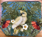 Velour cosmetic bag printed with Isabelle Frioux's Parrot with Glasses: a white cockatoo wearing a monocle among red and white flowers, with a black zip.