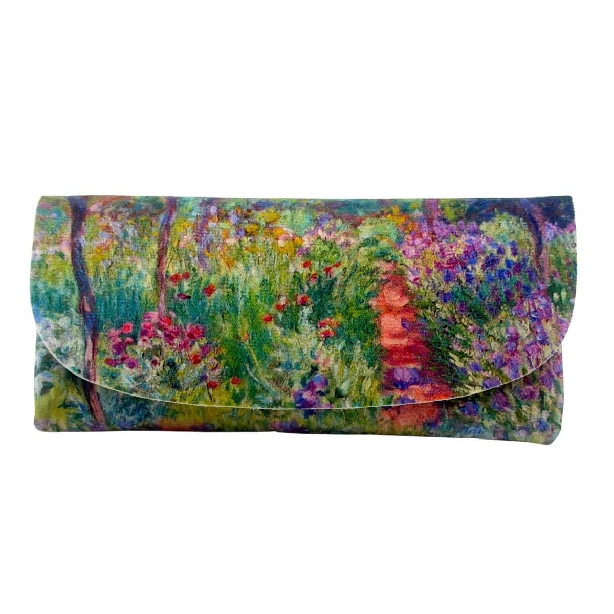 Velour glasses case printed with Monet's The Artist's Garden at Giverny: a path through beds of purple and pink flowers.
