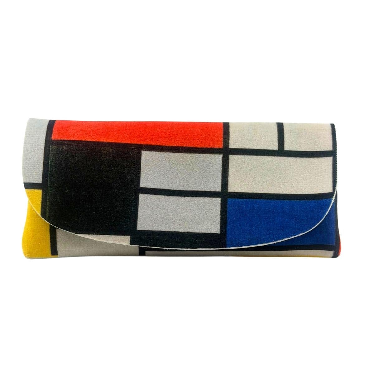 Velour glasses case printed with a Mondrian-style composition of red, blue, yellow and white blocks.