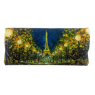Velour glasses case printed with a painting of the Eiffel Tower at night between lamplit trees.