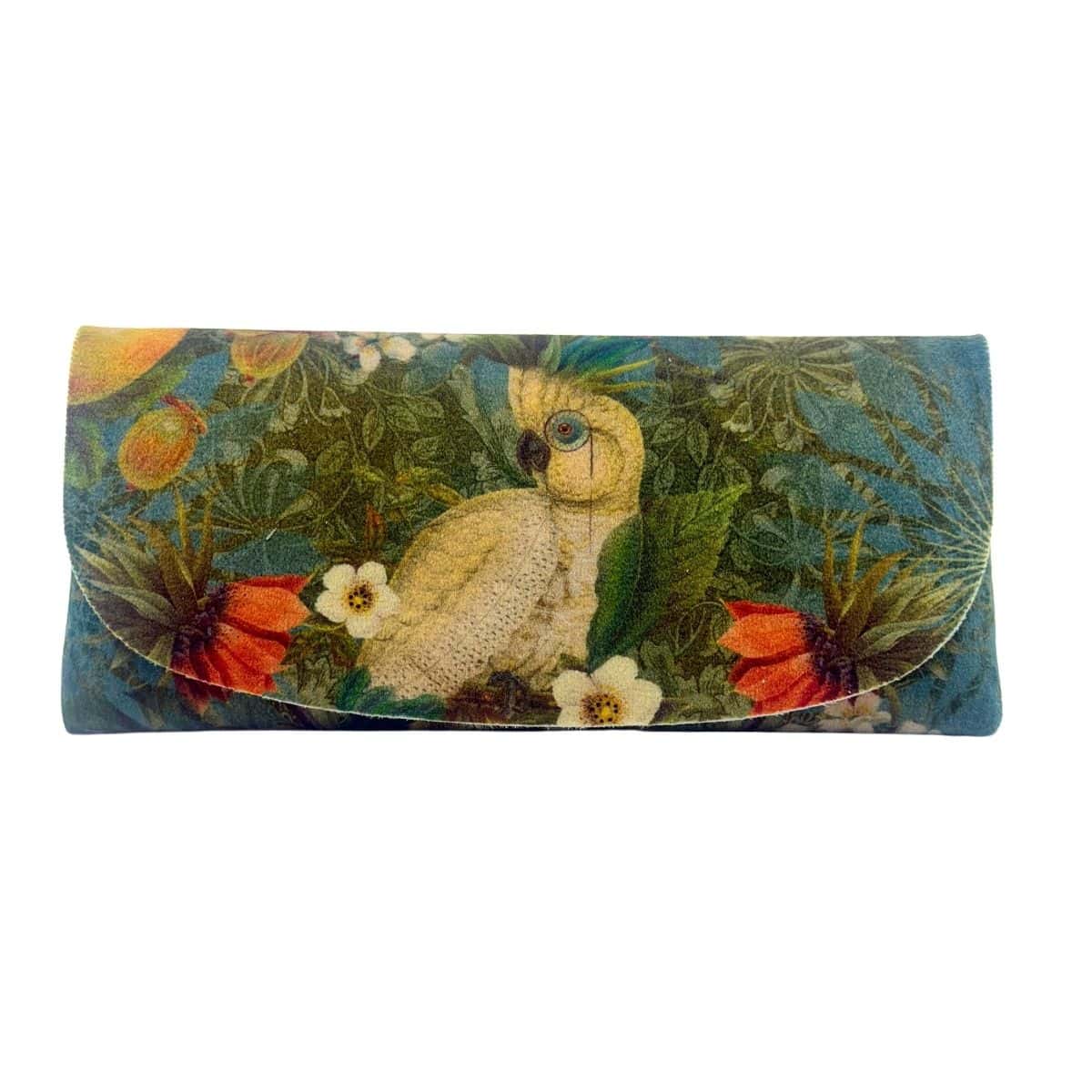 Velour glasses case printed with Isabelle Frioux's Parrot with Glasses: a white cockatoo wearing a monocle among red and white flowers.