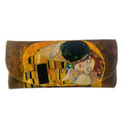 Velour glasses case printed with Klimt's The Kiss in gold on a brown ground.