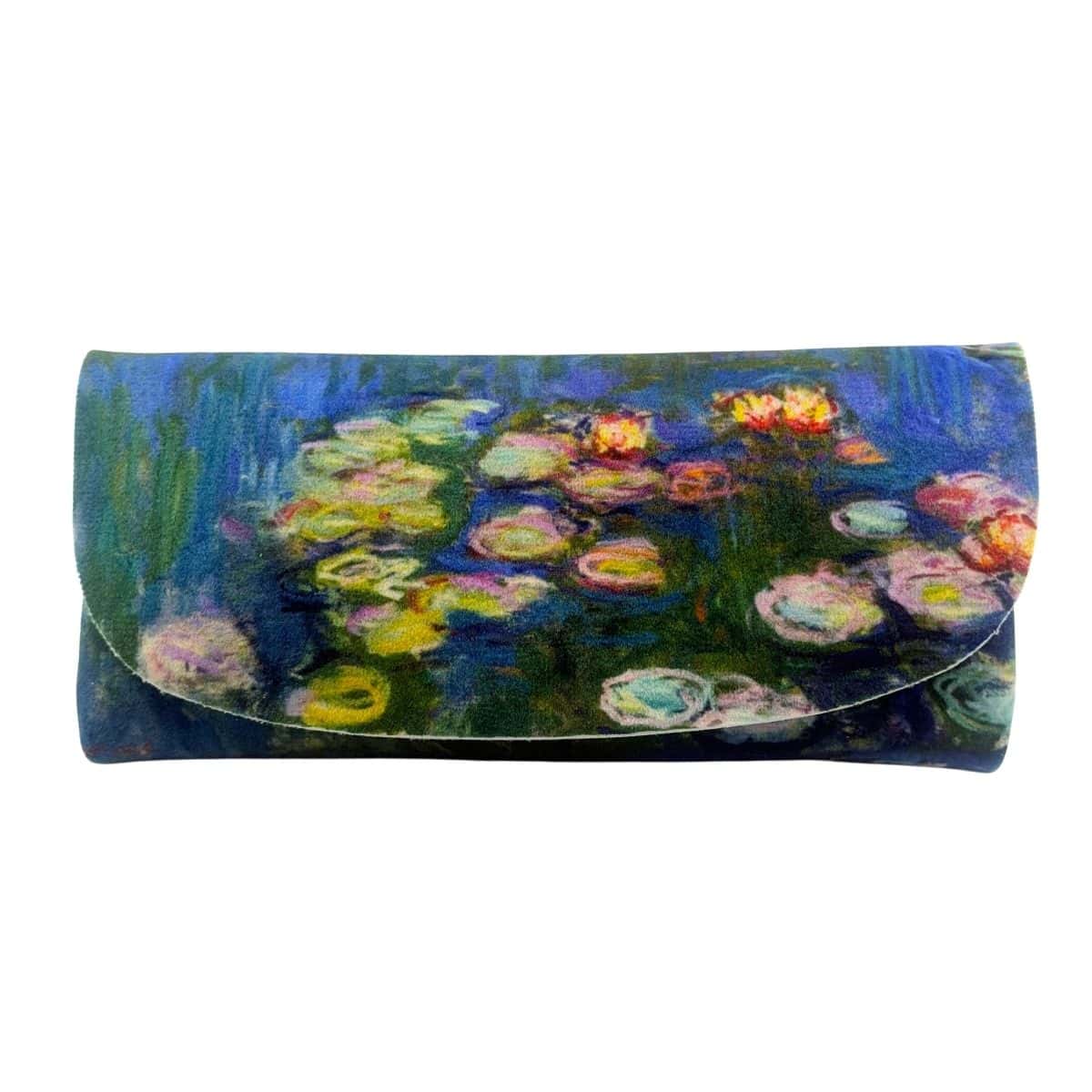 Velour glasses case printed with Monet's Water Lilies: pink and yellow lilies on deep blue water.