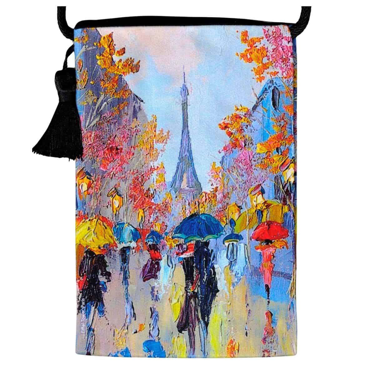 Velour shoulder pouch printed with a rainy Paris street of umbrellas below the Eiffel Tower, with a black cord strap and tassel.