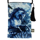 Velour shoulder pouch printed in blue with a rearing horse below the words Paris Boulevard Haussmann, with a black cord strap and tassel.