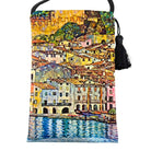 Velour shoulder pouch printed with Klimt's Malcesine: pastel houses above a lake, with a black cord strap and tassel.