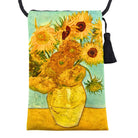 Velour shoulder pouch printed with Van Gogh's Sunflowers in a yellow vase on blue-green, with a black cord strap and tassel.