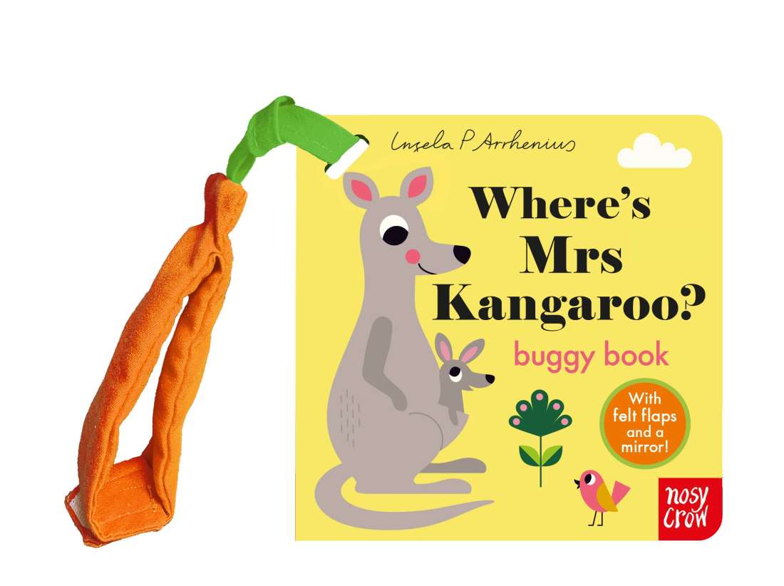 Where's Mrs Kangaroo? buggy book, a yellow board book with a kangaroo and joey on the cover and an orange strap attached