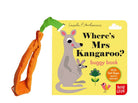 Where's Mrs Kangaroo? buggy book, a yellow board book with a kangaroo and joey on the cover and an orange strap attached