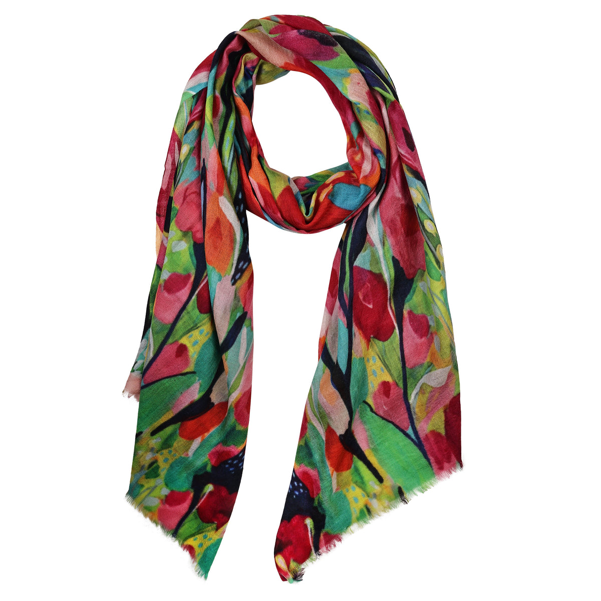 Wildflower Carnival modal silk scarf draped, painterly red and pink flowers with green leaves
