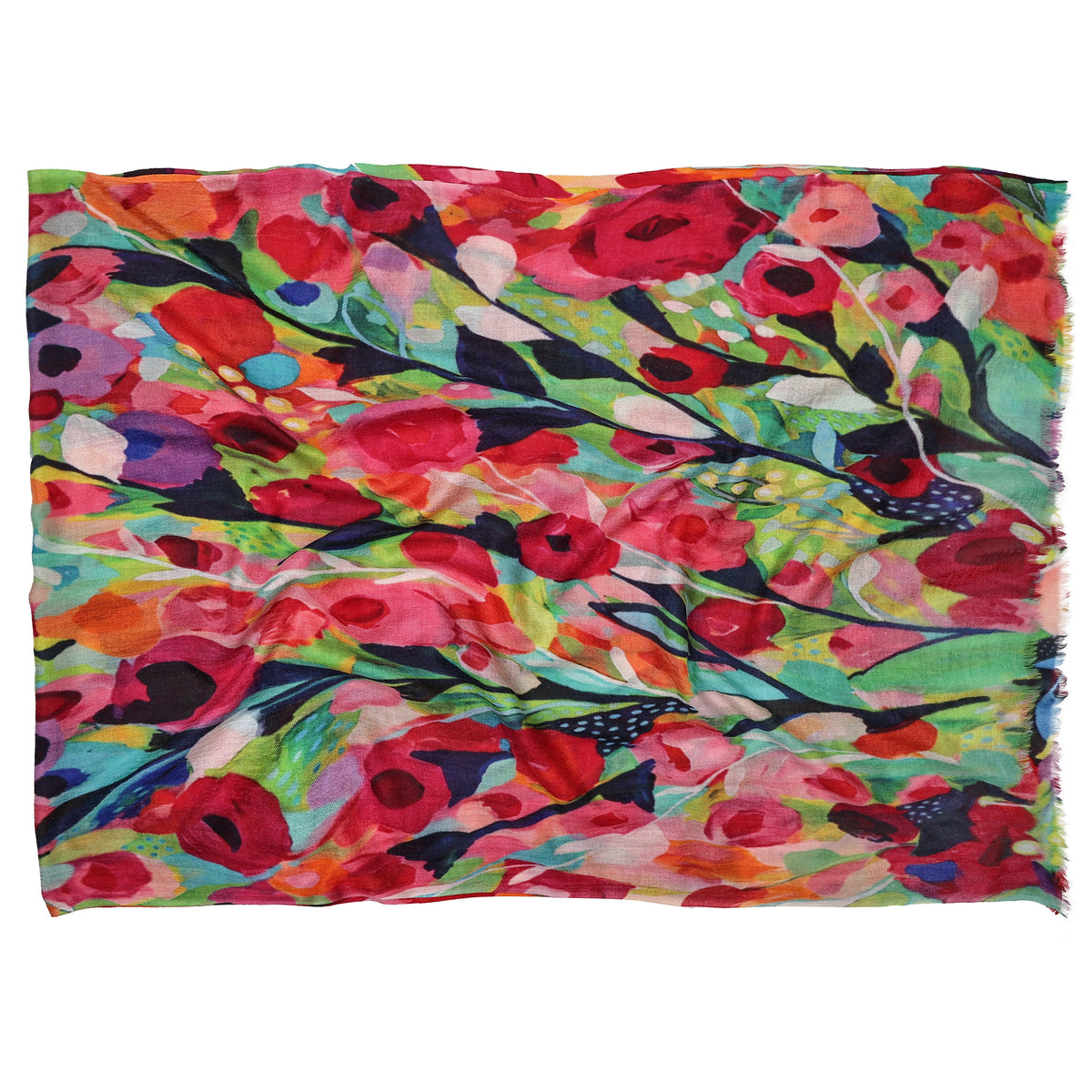 The Wildflower Carnival scarf laid flat with its fringed ends