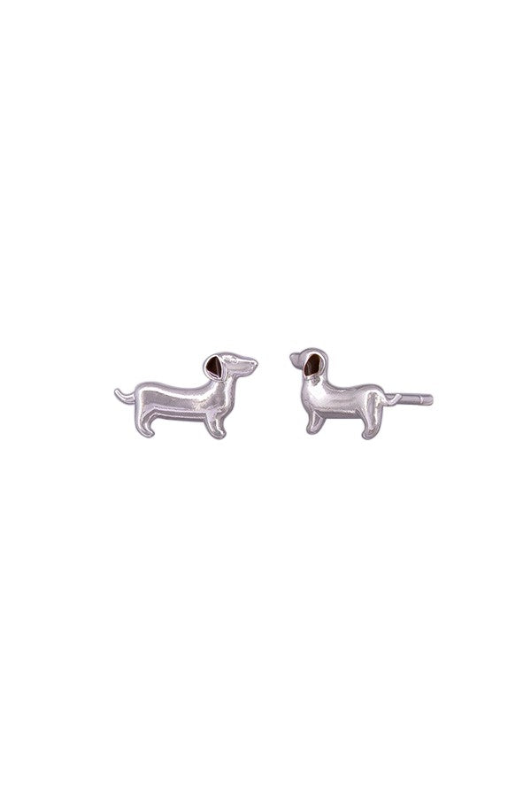 The Winifred dachshund studs in silver, on white.