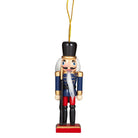 Wooden nutcracker ornament in a blue coat and red trousers with a tall black hat and a black staff, on a gold cord loop.