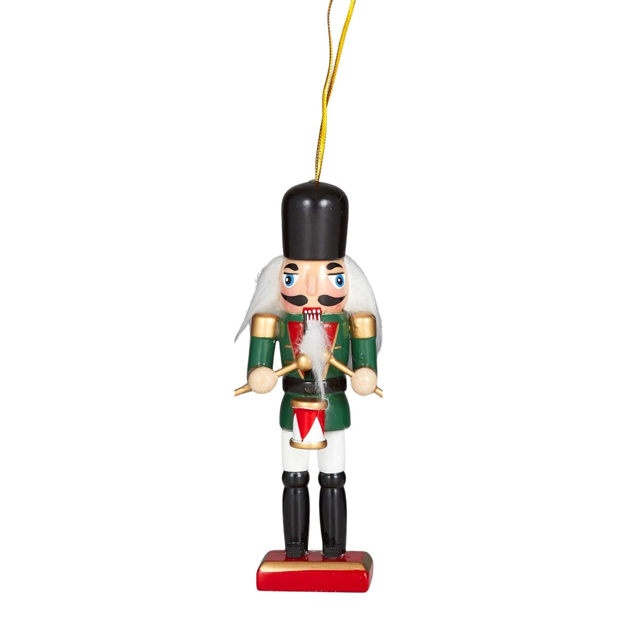 Wooden nutcracker ornament in a green coat with a drum and drumsticks and a tall black hat, on a gold cord loop.