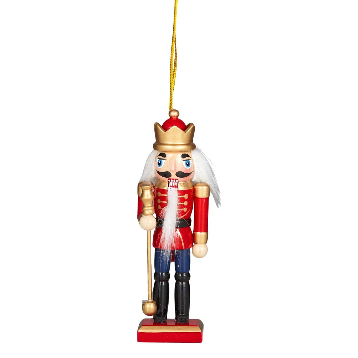 Wooden nutcracker ornament in a red coat with a gold crown and sceptre, on a gold cord loop.