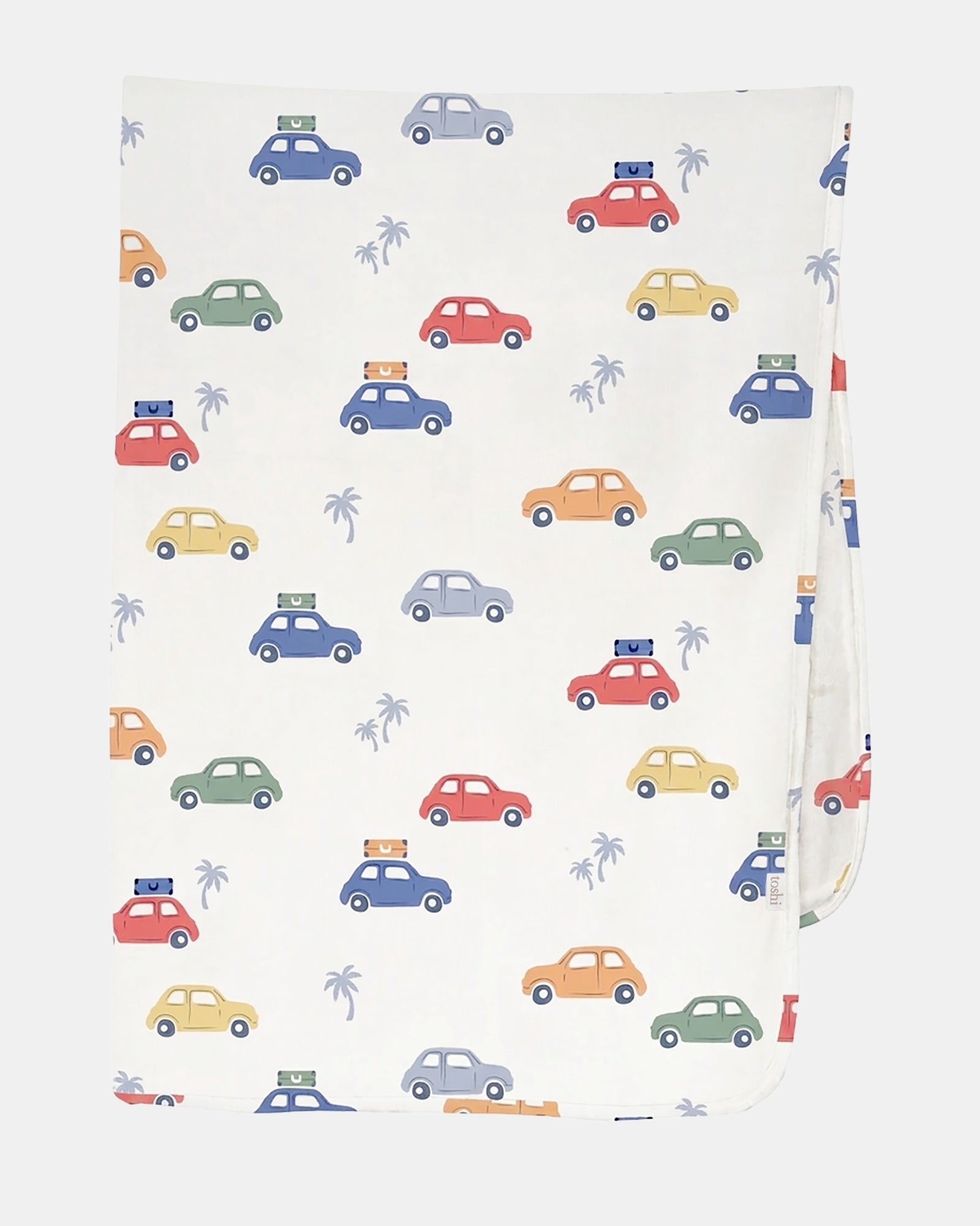 Toshi Arcadia Big Mini muslin wrap in white cotton printed with colourful vintage cars and palm trees, folded