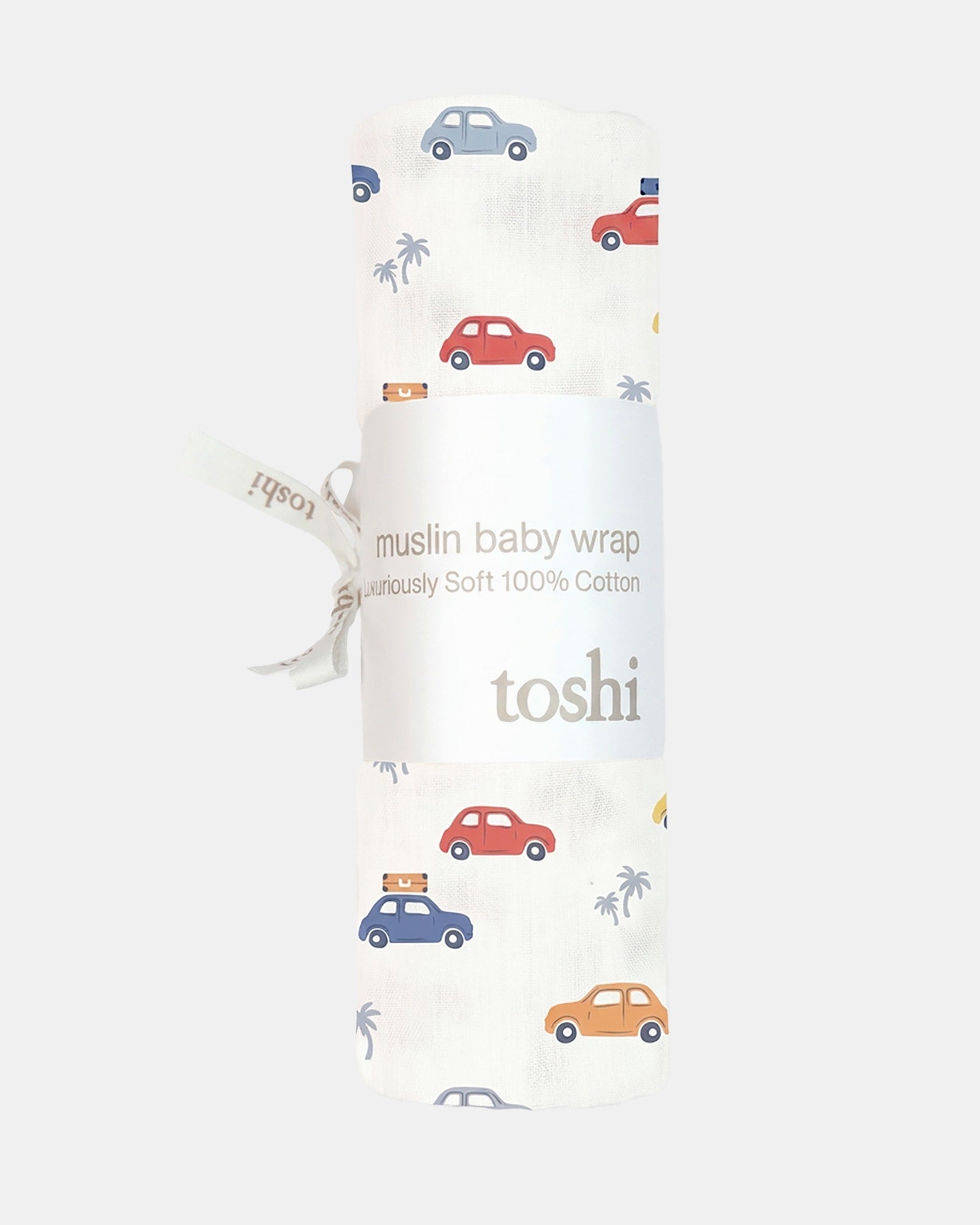 The Big Mini wrap rolled in its Toshi muslin wrap band with a ribbon tie