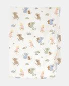 Toshi Arcadia Gumnut Babies muslin wrap in white cotton printed with koalas, cockatoos and echidnas, folded
