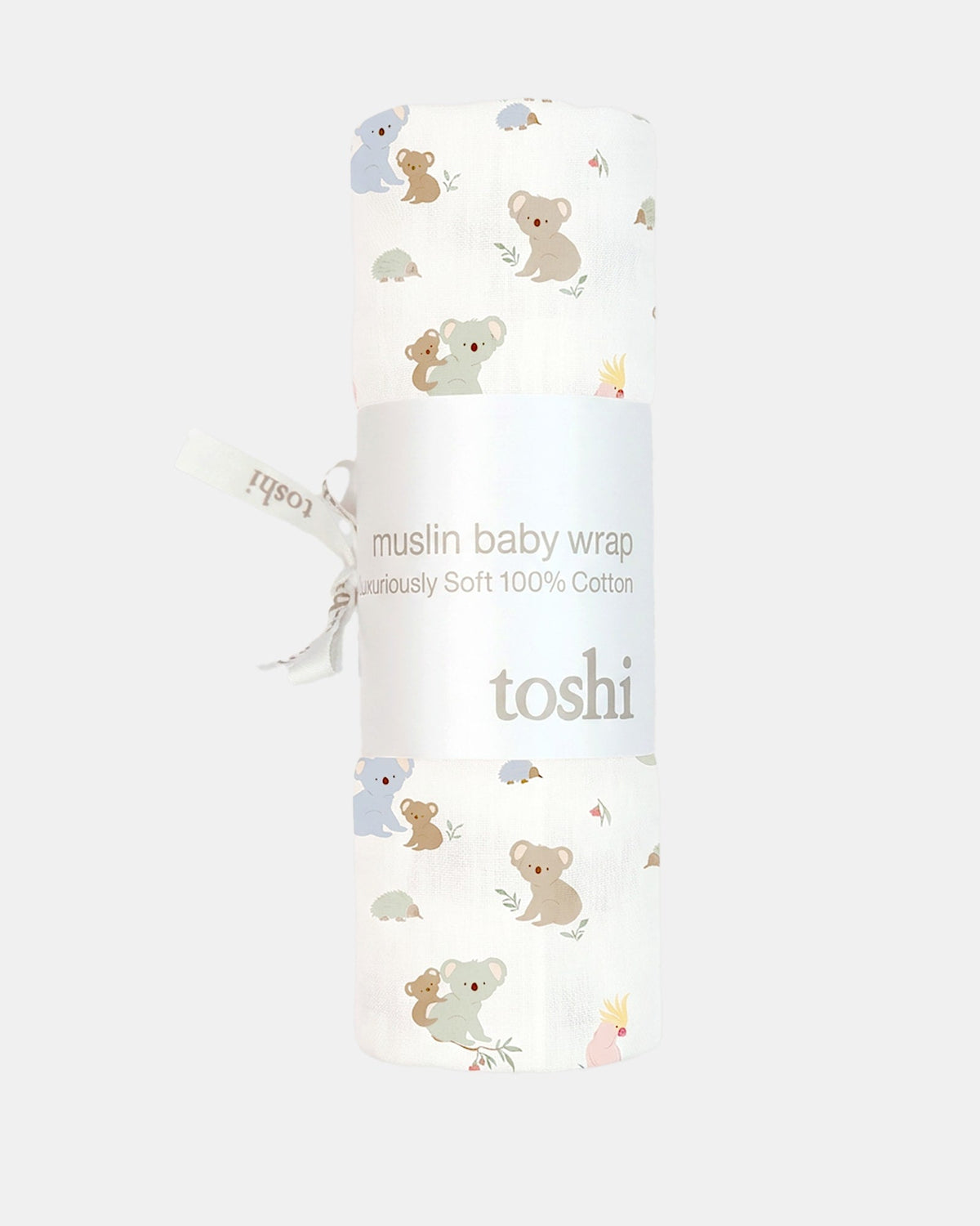 The Gumnut Babies wrap rolled in its Toshi muslin wrap band with a ribbon tie