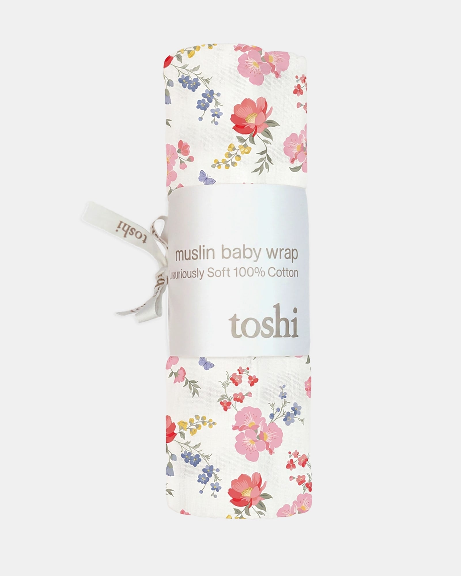 The Wild Garden wrap rolled in its Toshi muslin wrap band with a ribbon tie