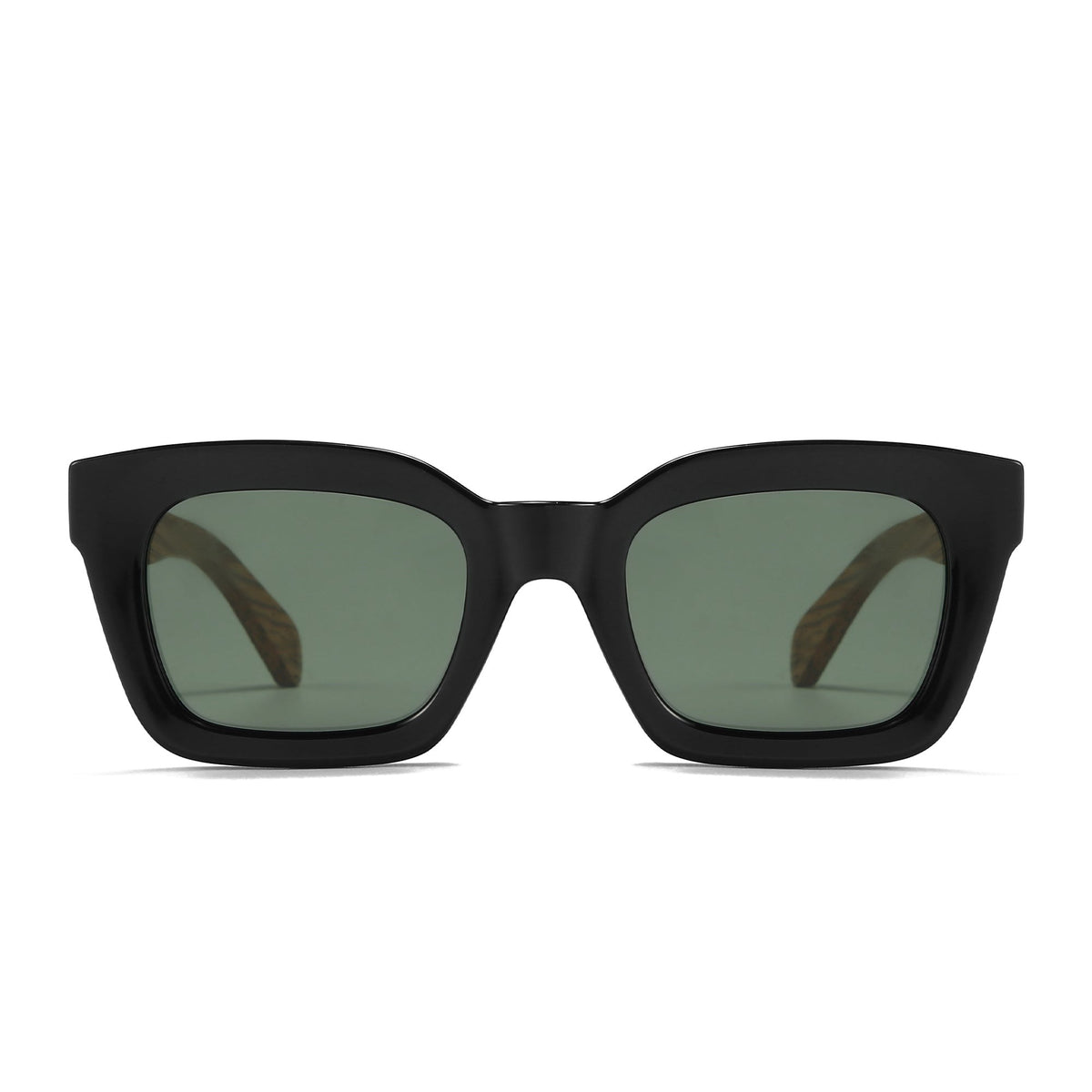 Front view of the Zahra sunglasses: black square frames with khaki lenses.