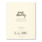 Back of the Love Muchly new baby card noting FSC-Mix certified paper and artist Rosie Harbottle