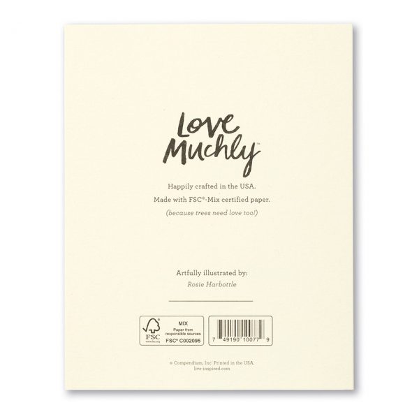 Back of the Love Muchly new baby card noting FSC-Mix certified paper and artist Rosie Harbottle