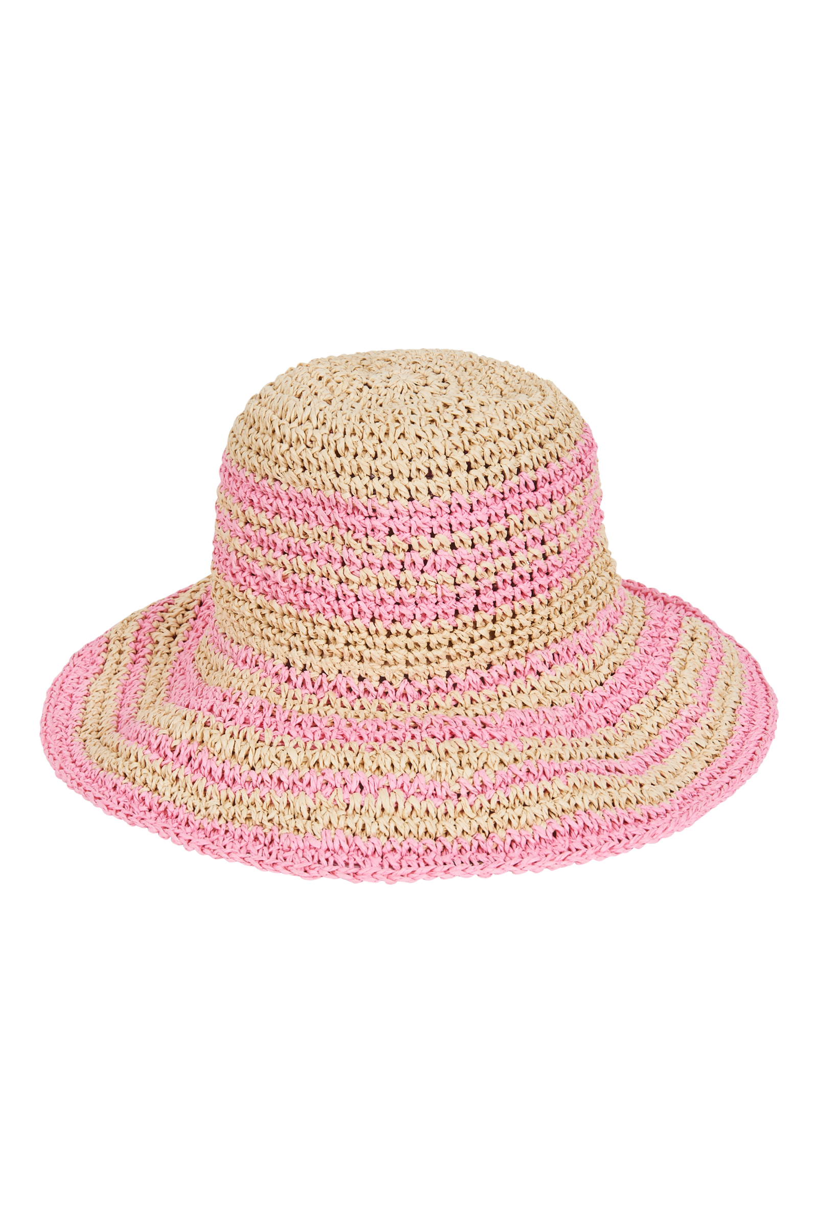Crocheted straw bucket hat striped in natural and pink, on a black background