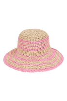 Crocheted straw bucket hat striped in natural and pink, on a black background