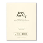 Back of the Love Muchly card noting FSC-certified recycled paper and artist Marisol Ortega
