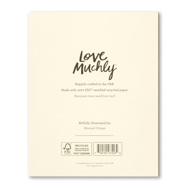 Back of the Love Muchly card noting FSC-certified recycled paper and artist Marisol Ortega