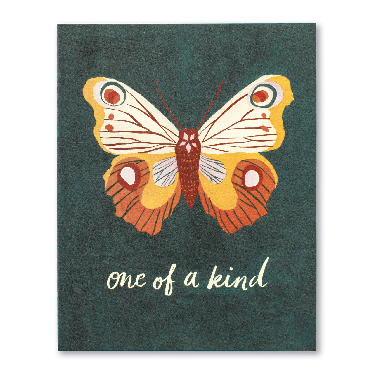 One of a Kind birthday card with a hand-illustrated orange and cream butterfly on a dark green background