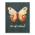One of a Kind birthday card with a hand-illustrated orange and cream butterfly on a dark green background
