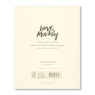 Back of the Love Muchly thank you card noting FSC-certified recycled paper and artist Carolyn Gavin