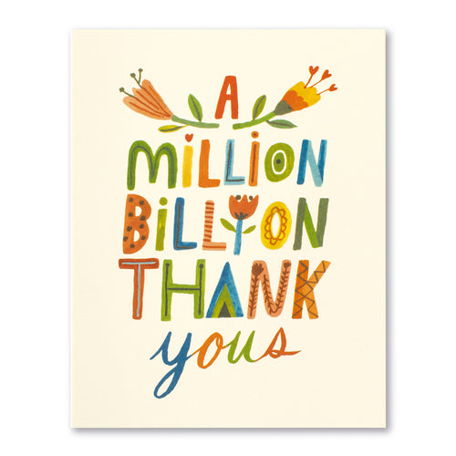 A Million Billion Thank Yous card with colourful patterned hand-lettering and folk flowers on cream