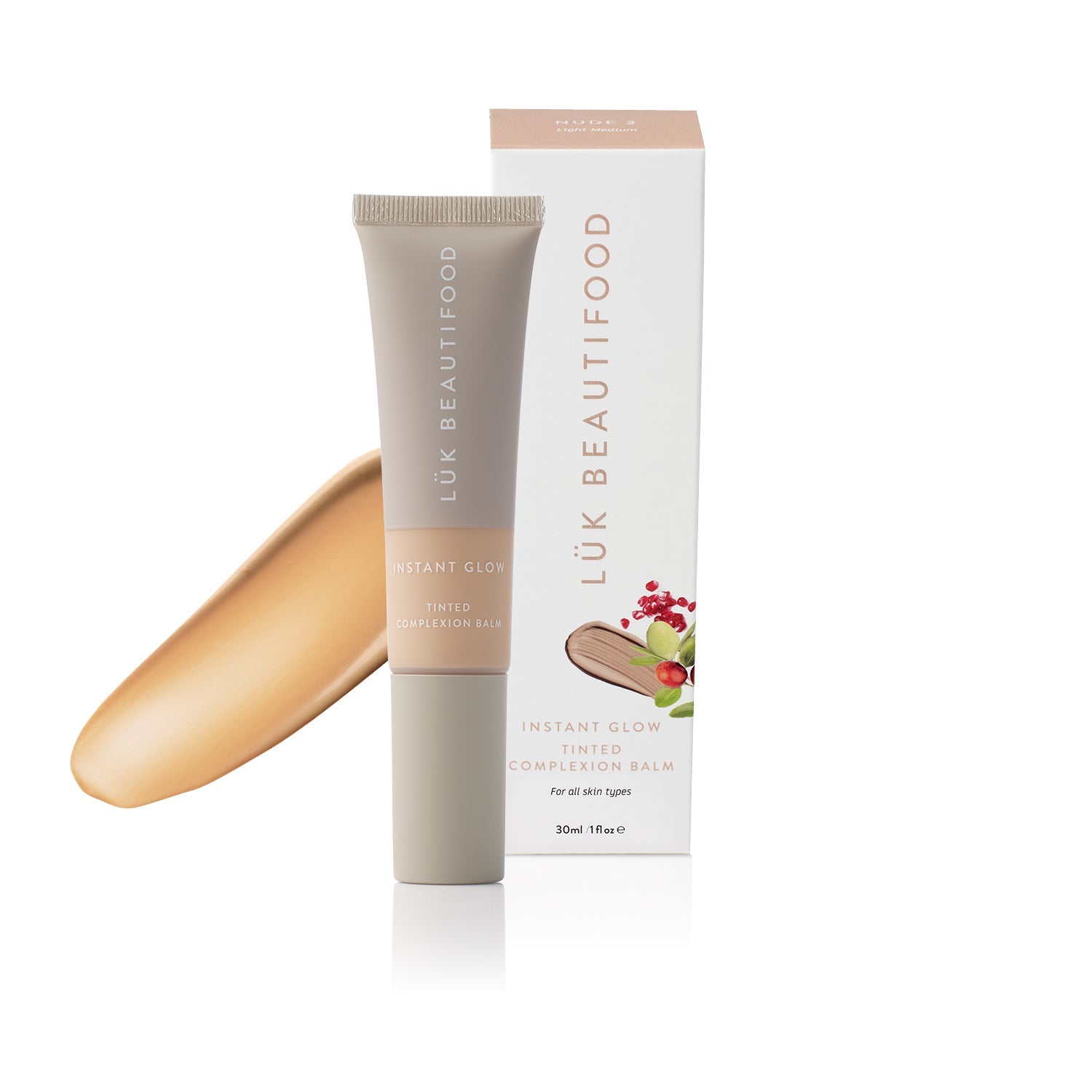 Lük Beautifood Instant Glow Skin Tint in Nude 3 - Light Medium — product and packaging