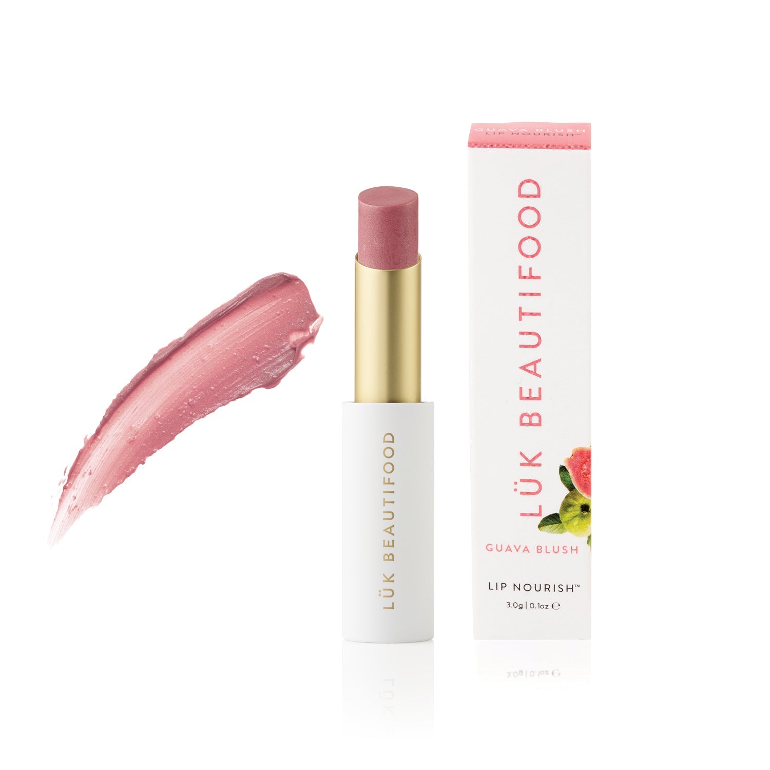 Lük Beautifood Lip Nourish natural lipstick in Guava Blush — stick and box with colour swatch