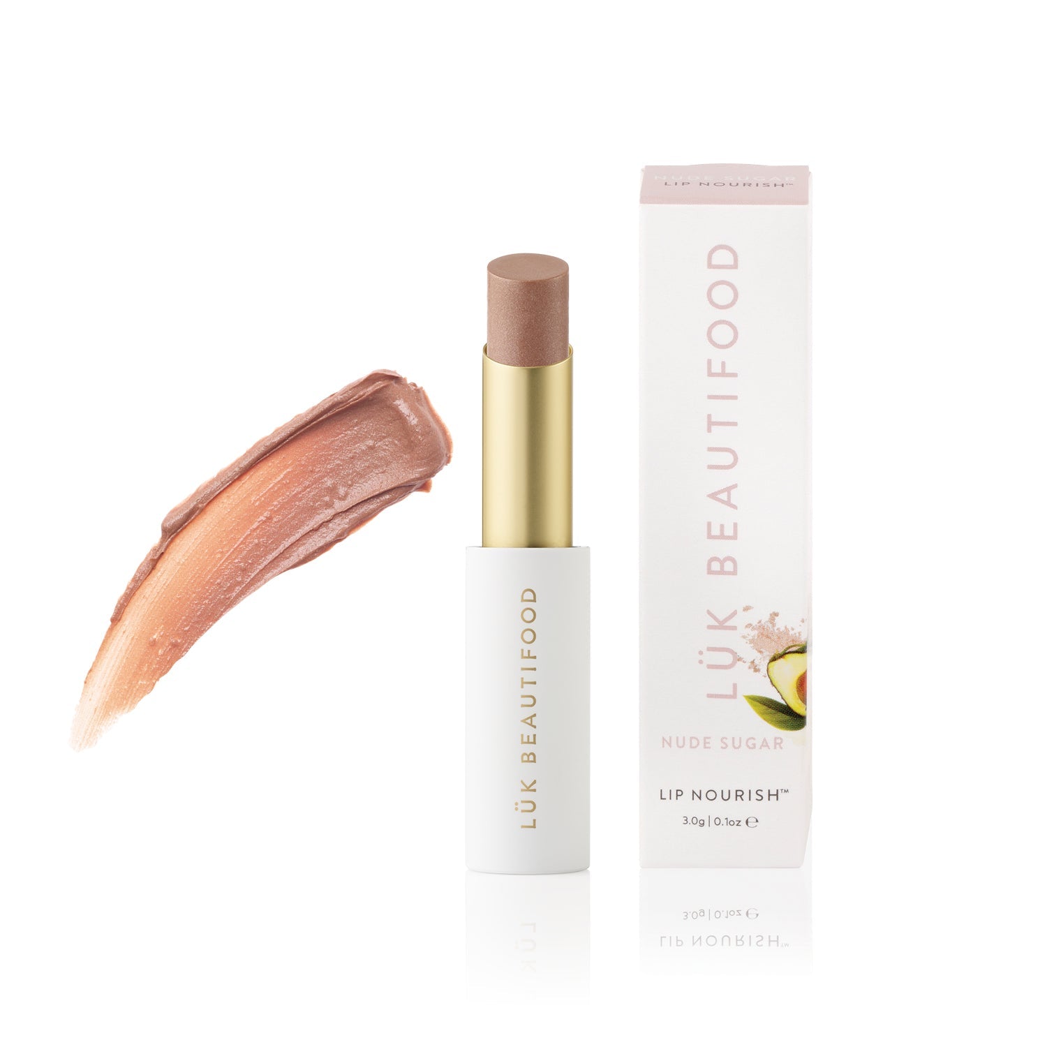 Lük Beautifood Lip Nourish natural lipstick in Nude Sugar — stick and box with colour swatch
