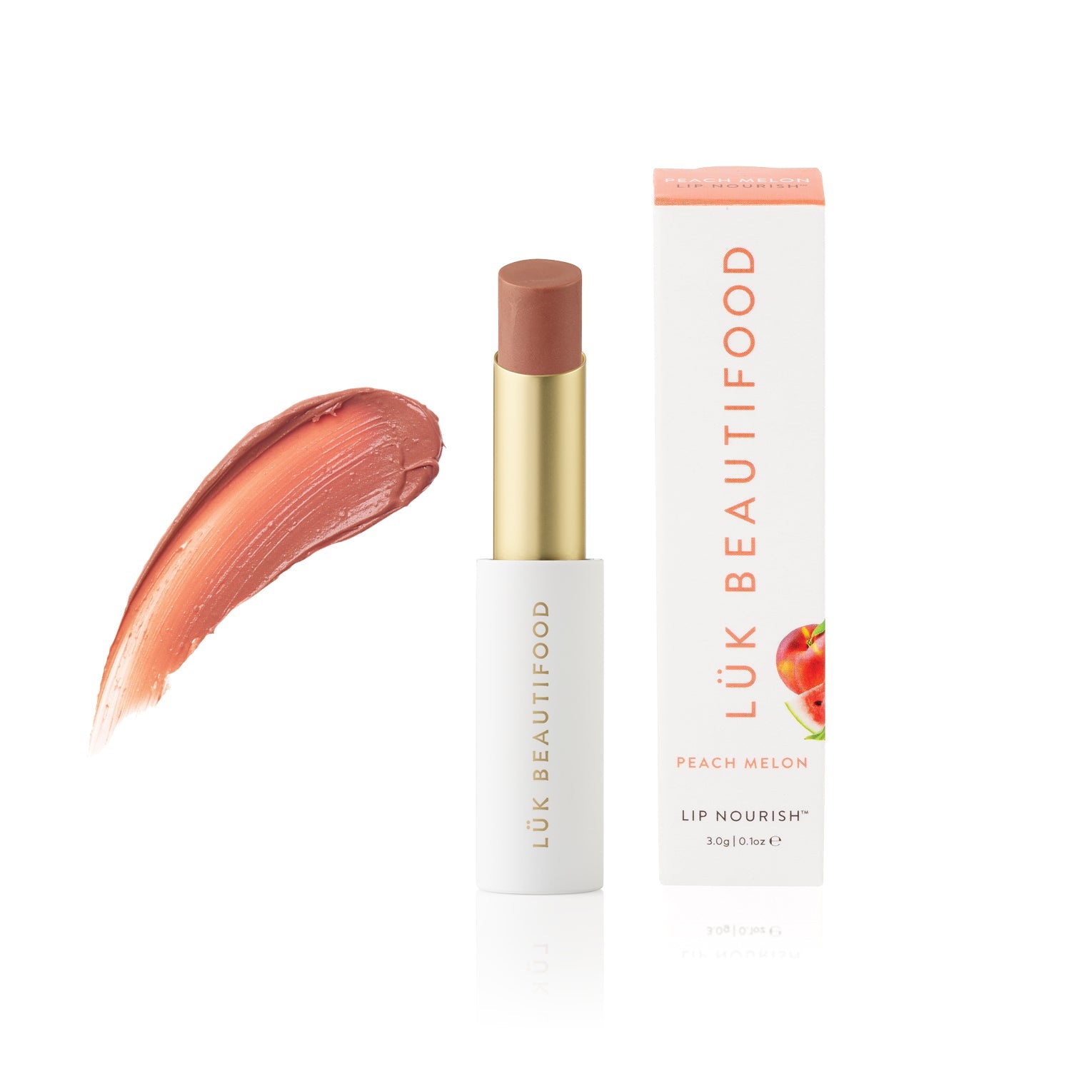 Lük Beautifood Lip Nourish natural lipstick in Peach Melon — stick and box with colour swatch