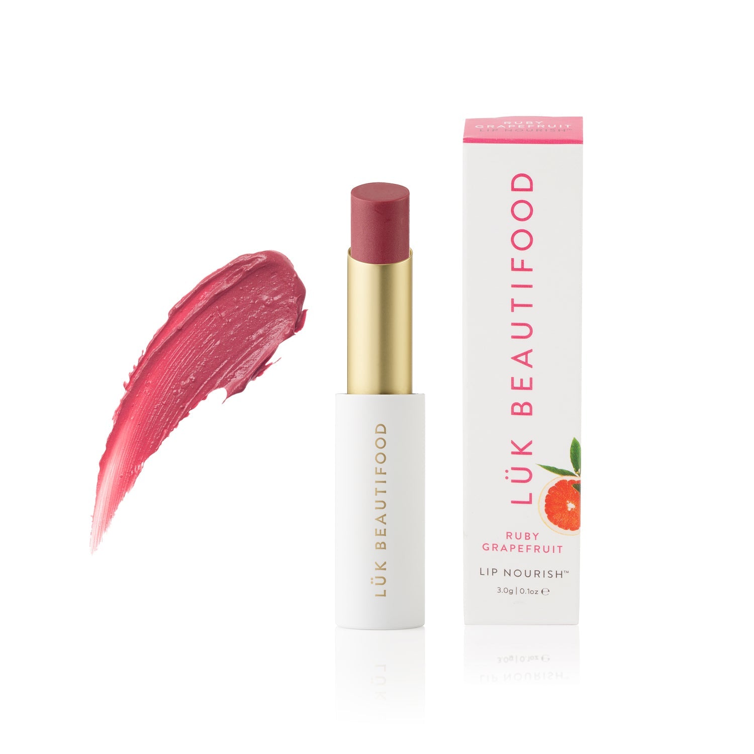 Lük Beautifood Lip Nourish natural lipstick in Ruby Grapefruit — stick and box with colour swatch