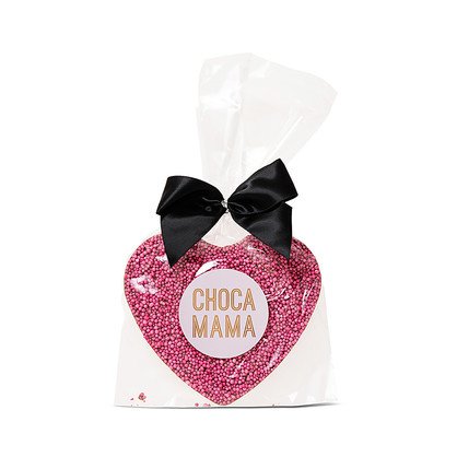 Milk chocolate heart covered in pink sprinkles in a clear cello bag with a black satin bow and a round pale pink Chocamama label