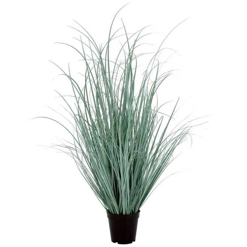 Faux grass plant with fine arching green blades in a plain black plastic pot