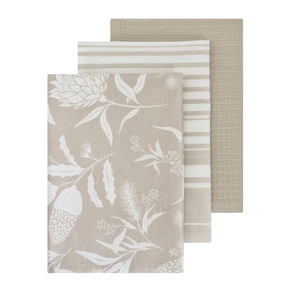 Bindi tea towel 3 pack in grey beige: floral print, stripe and waffle weave designs