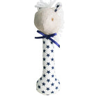 Horse stick rattle with a white mane, star-print ears and a navy ribbon bow on a white handle with navy stars
