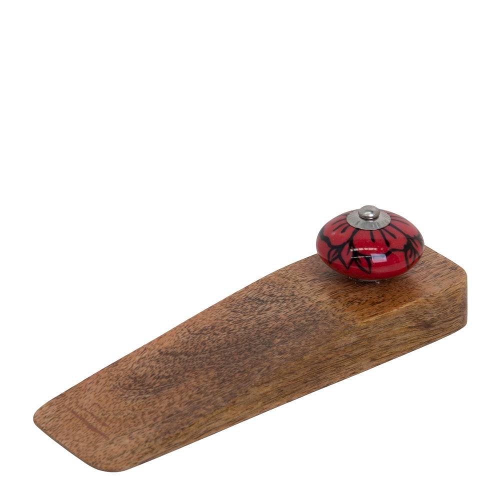 Jayda mango wood wedge door stop topped with a hand-painted red and black ceramic knob