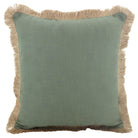 Sage green linen cushion with a natural jute fringe around all four edges, shown square-on
